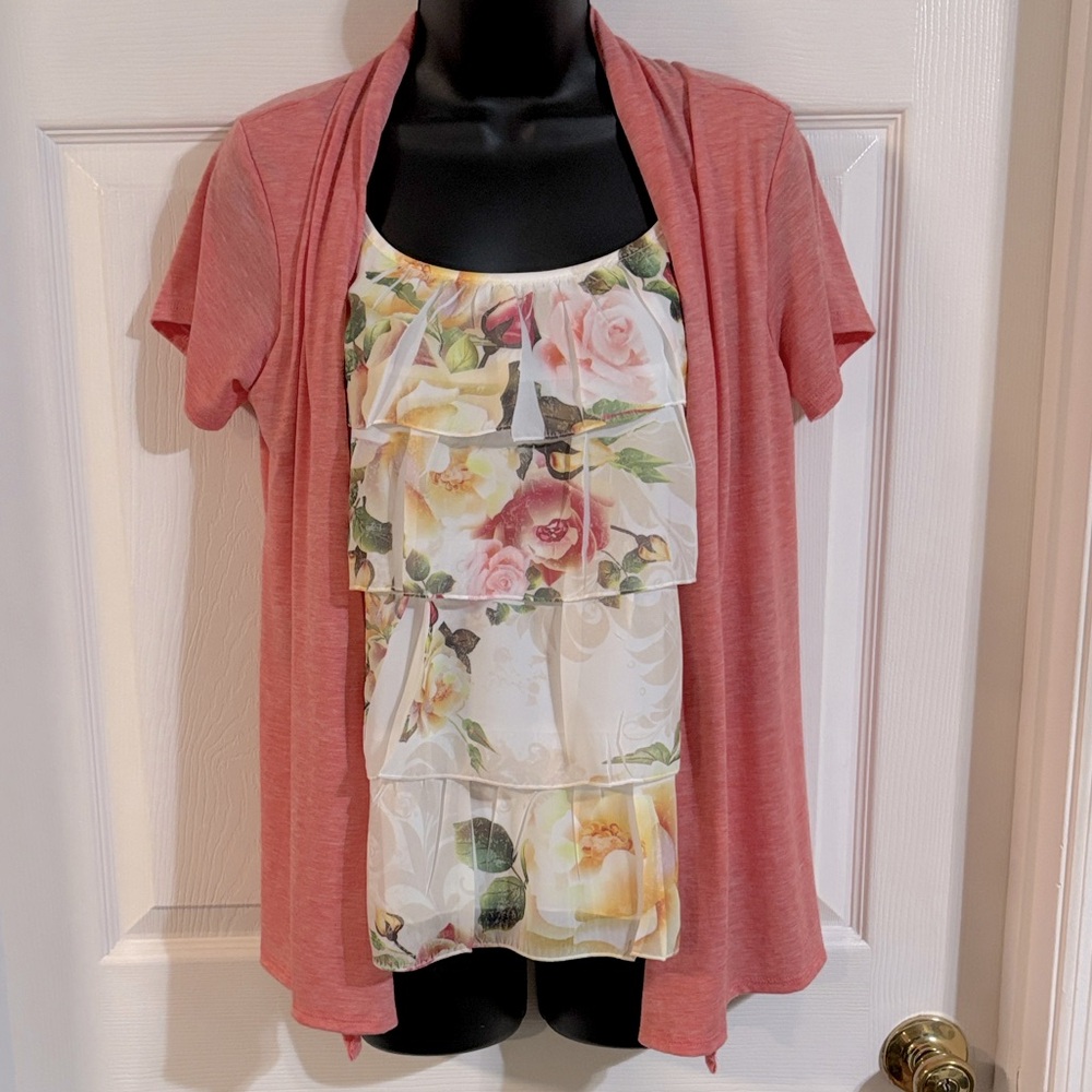 Expresso Coral Cardigan with Floral Attached Ruffled Tank, size M, NWT.